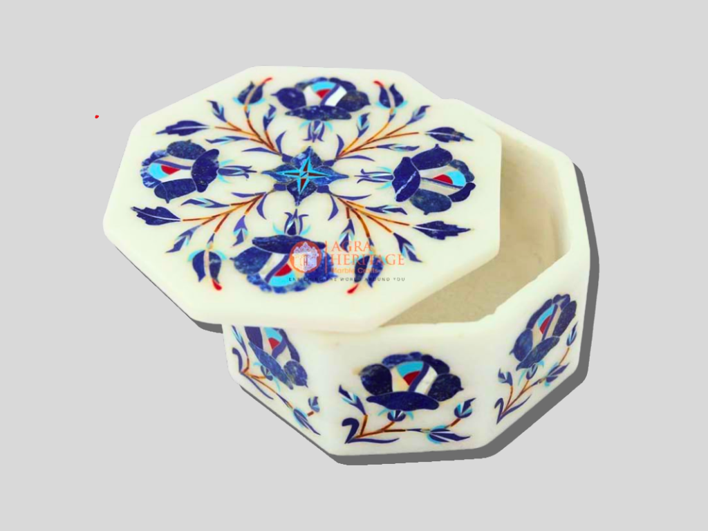 Marble Jewelry Keepsake Box Lapis Inlay Art